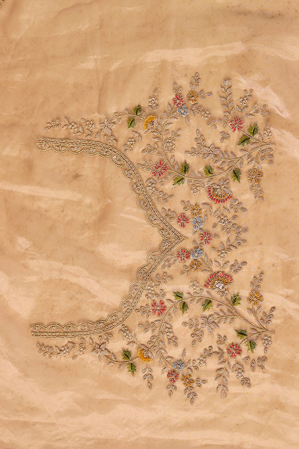 pink tissue hand & machine embroidered saree set