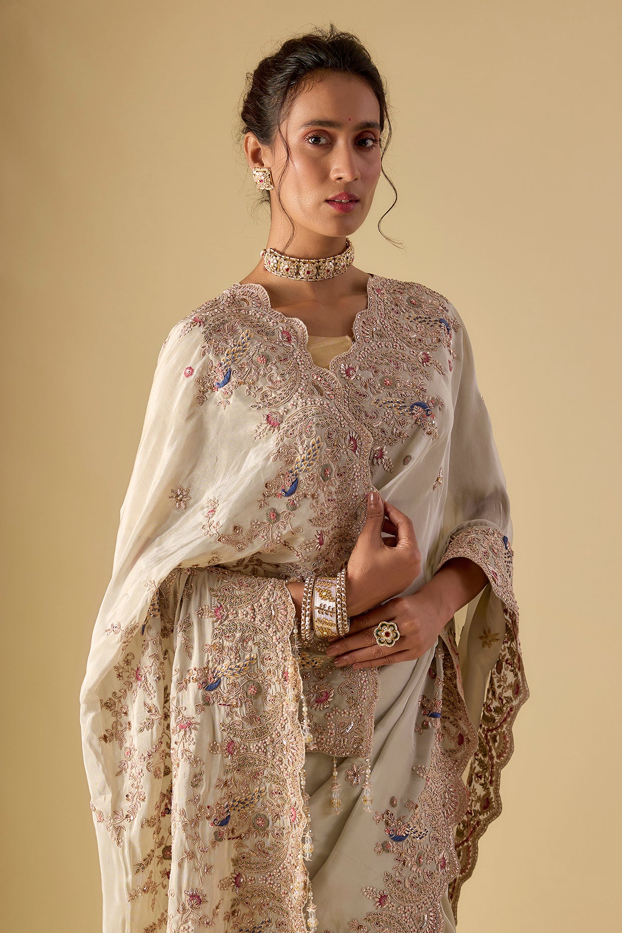 aqua tissue hand & machine embroidered saree set