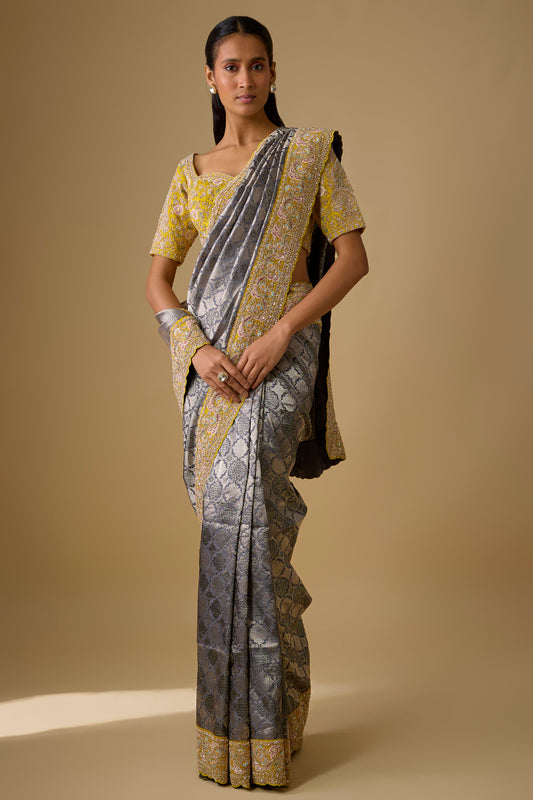 dark grey banarasi silk zardosi embroidered saree set