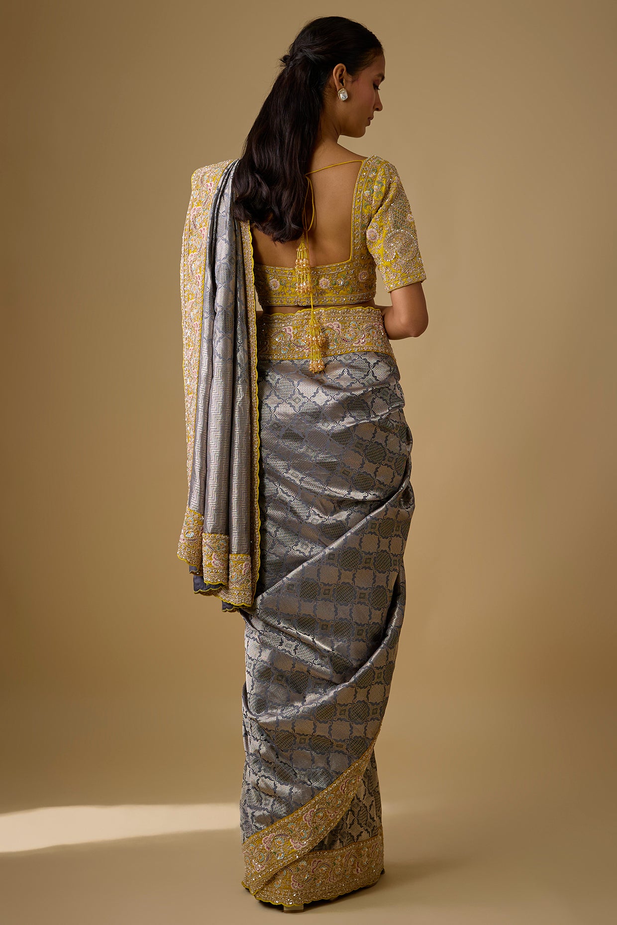 dark grey banarasi silk zardosi embroidered saree set