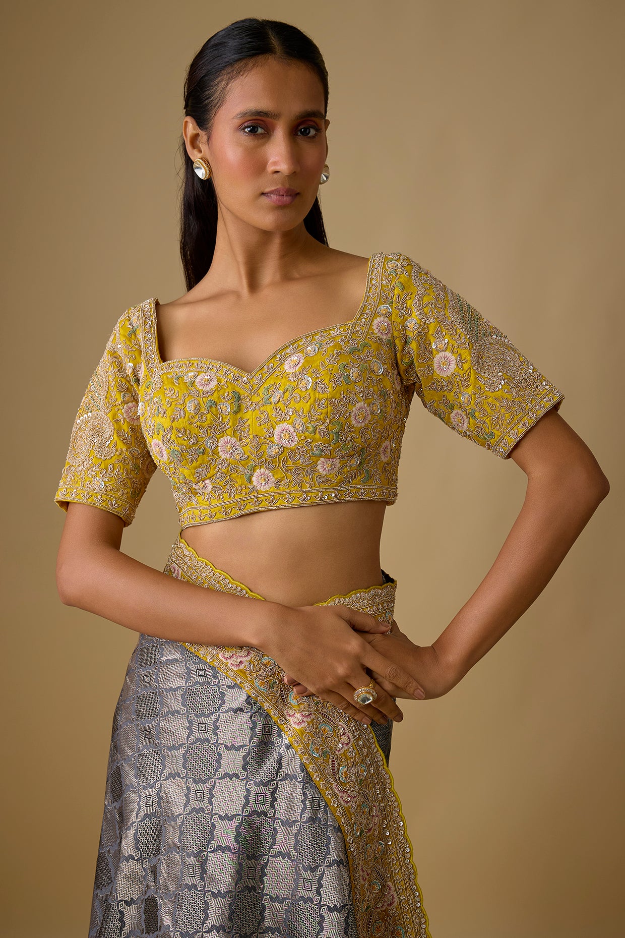 dark grey banarasi silk zardosi embroidered saree set