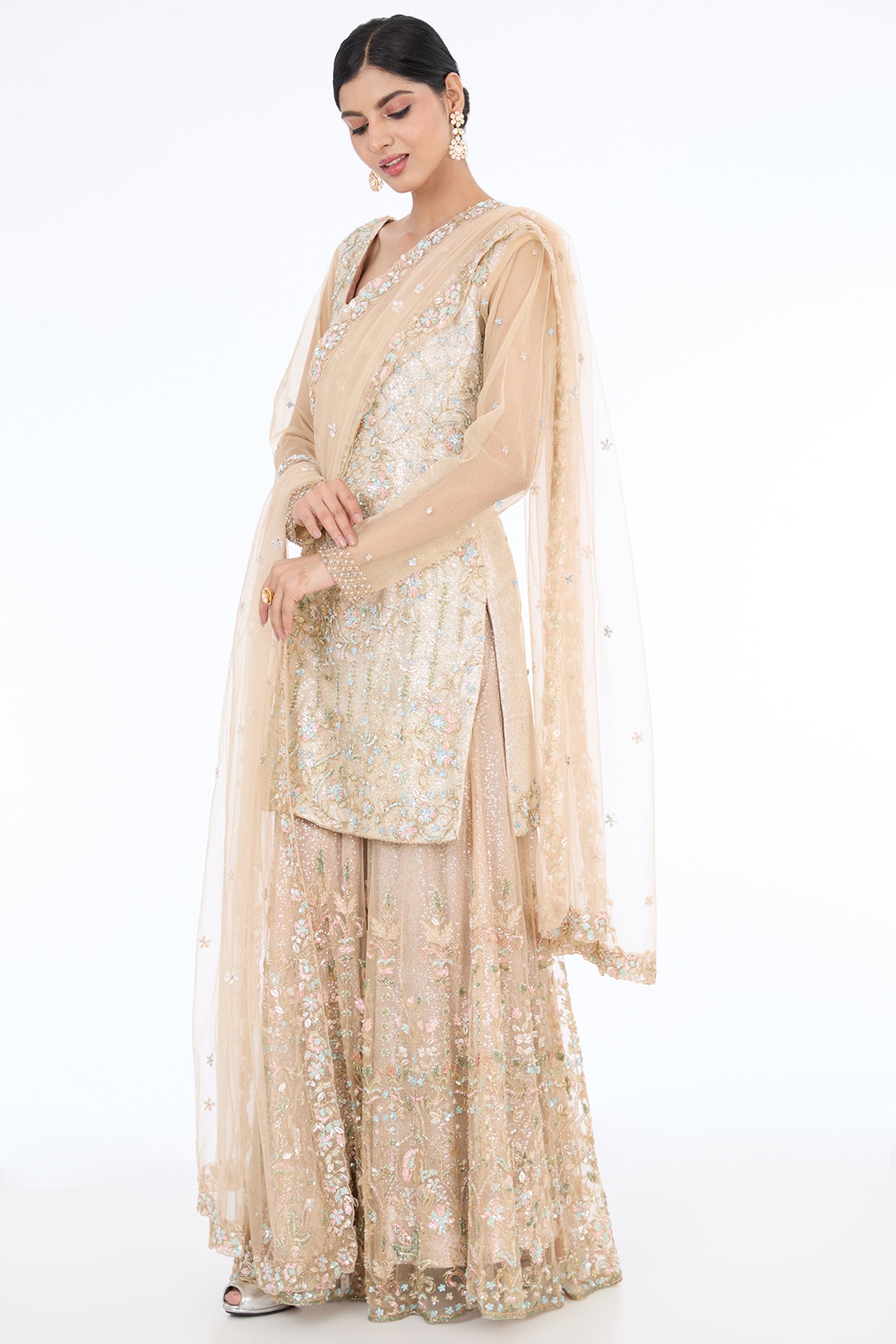 grey net hand embroidered sharara set