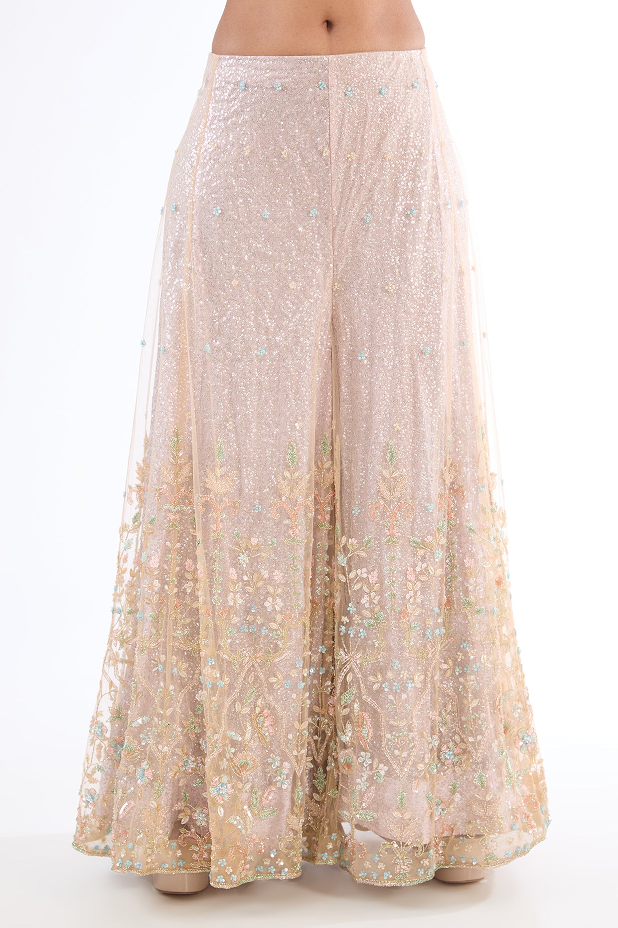 baby pink chanderi hand & machine embroidered sharara set