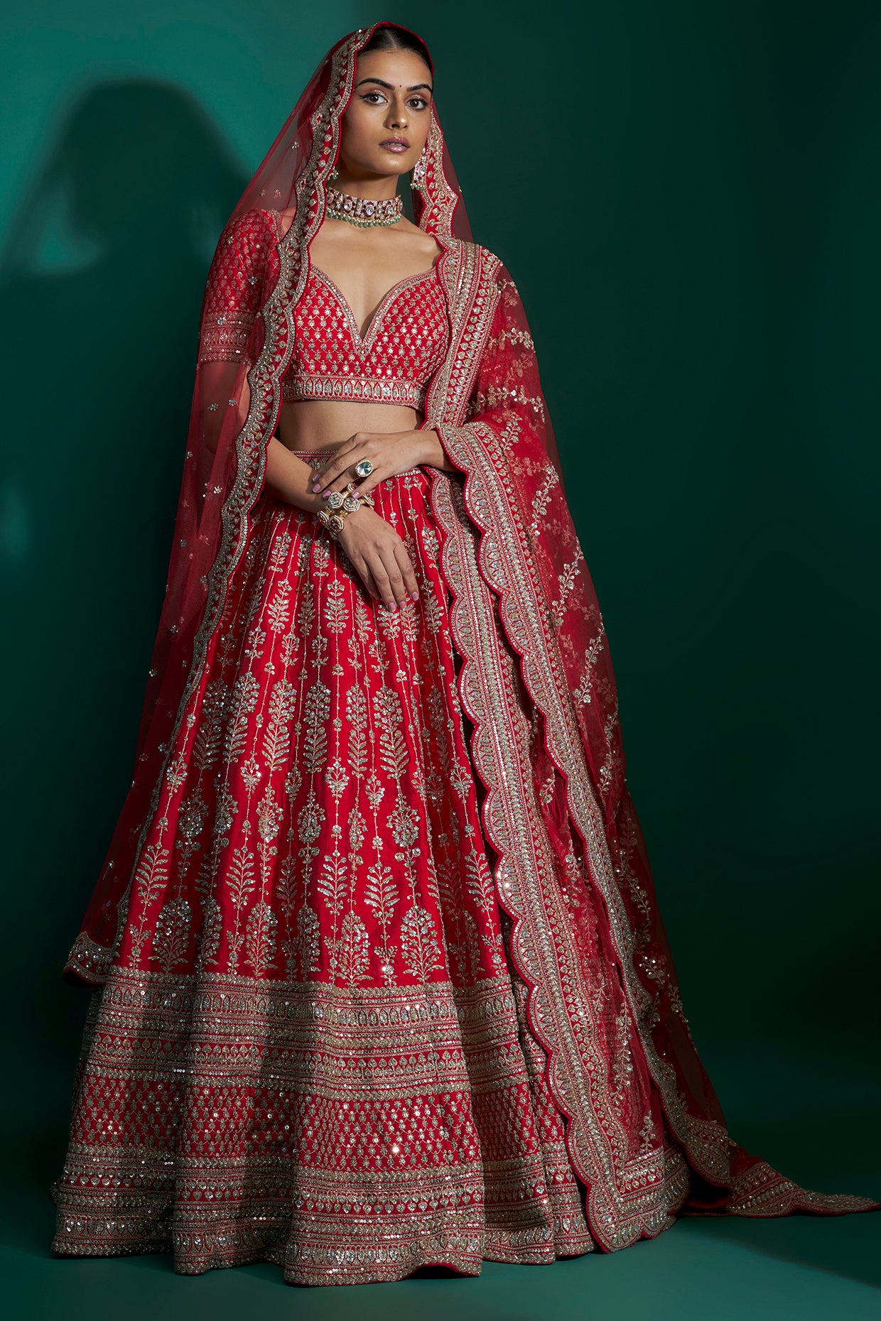 red raw silk zari hand & machine embroidered lehenga set