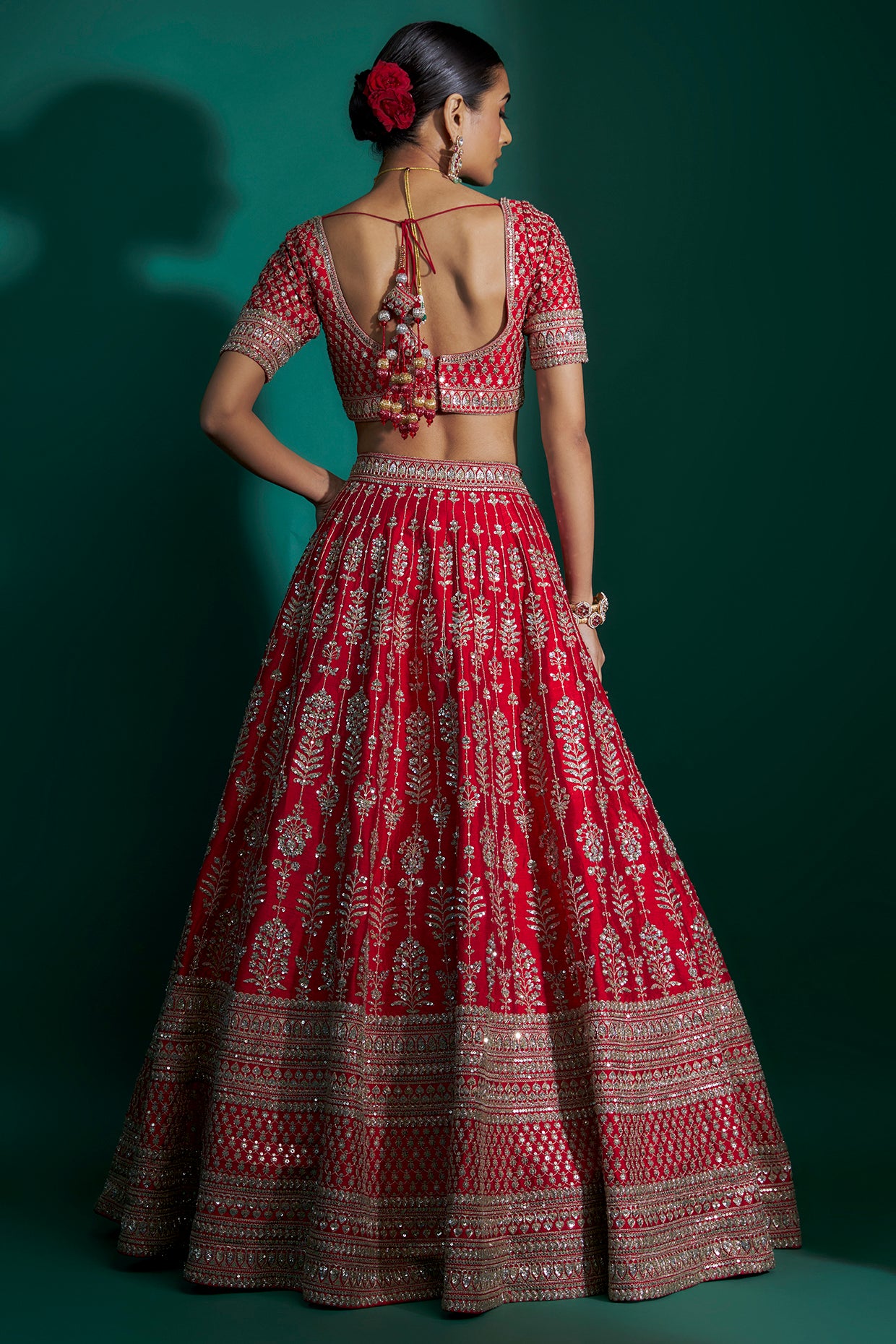 red raw silk zari hand & machine embroidered lehenga set