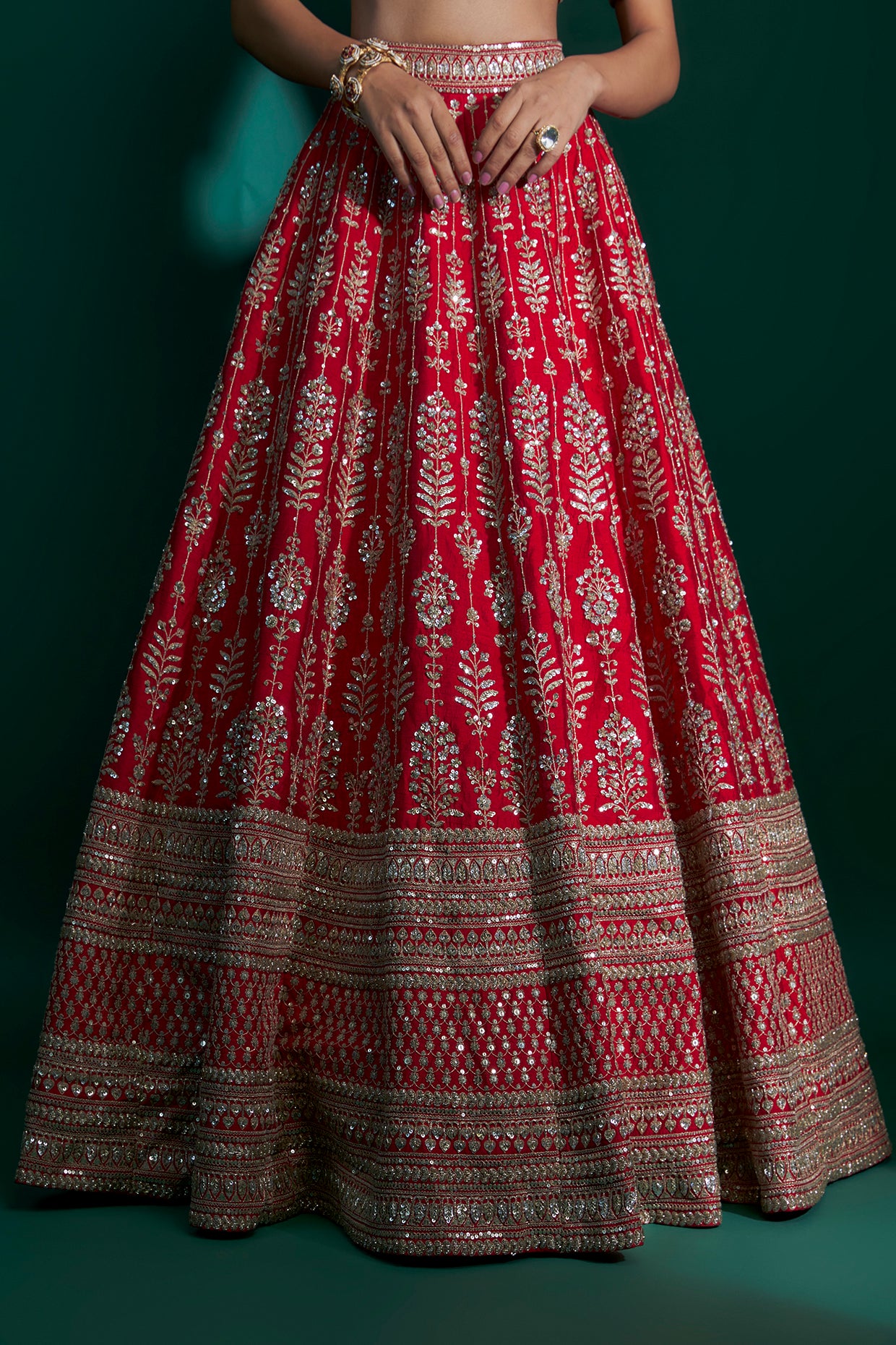 red raw silk zari hand & machine embroidered lehenga set