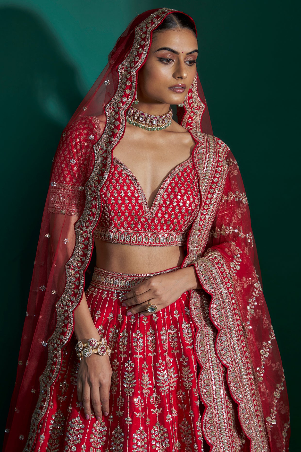 red raw silk zari hand & machine embroidered lehenga set