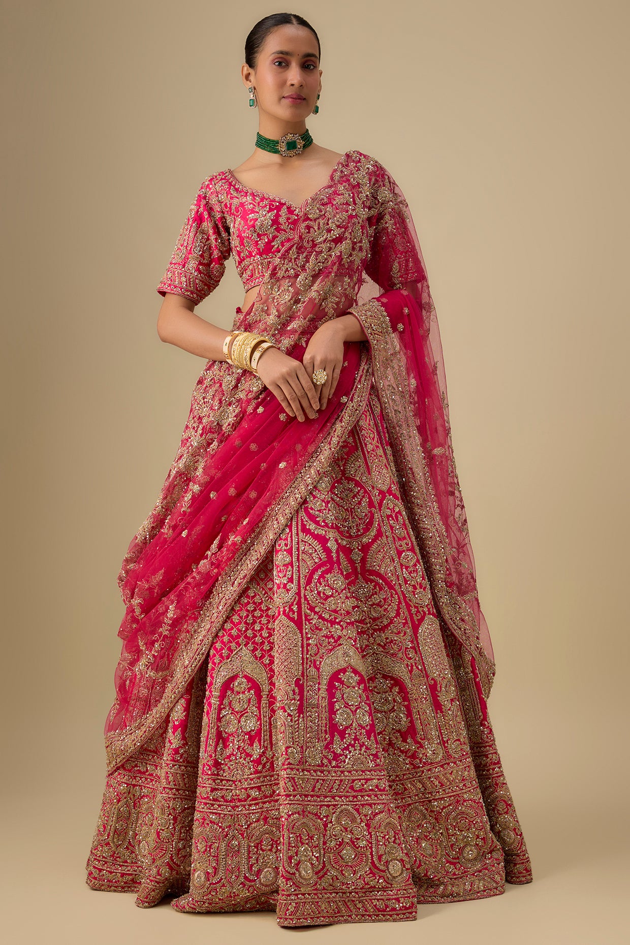 rani pink raw silk hand & machine embroidered lehenga set