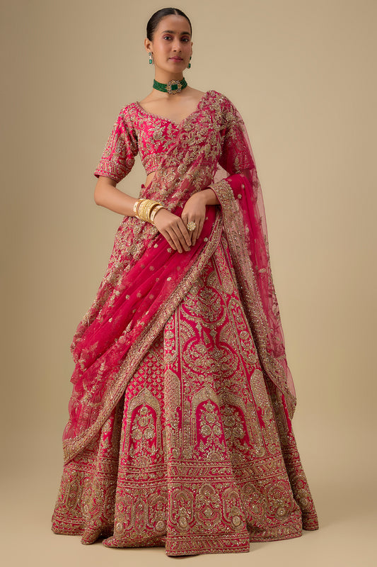 rani pink raw silk hand & machine embroidered lehenga set