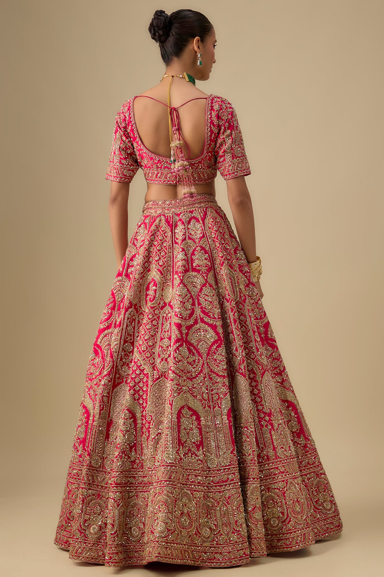 rani pink raw silk hand & machine embroidered lehenga set