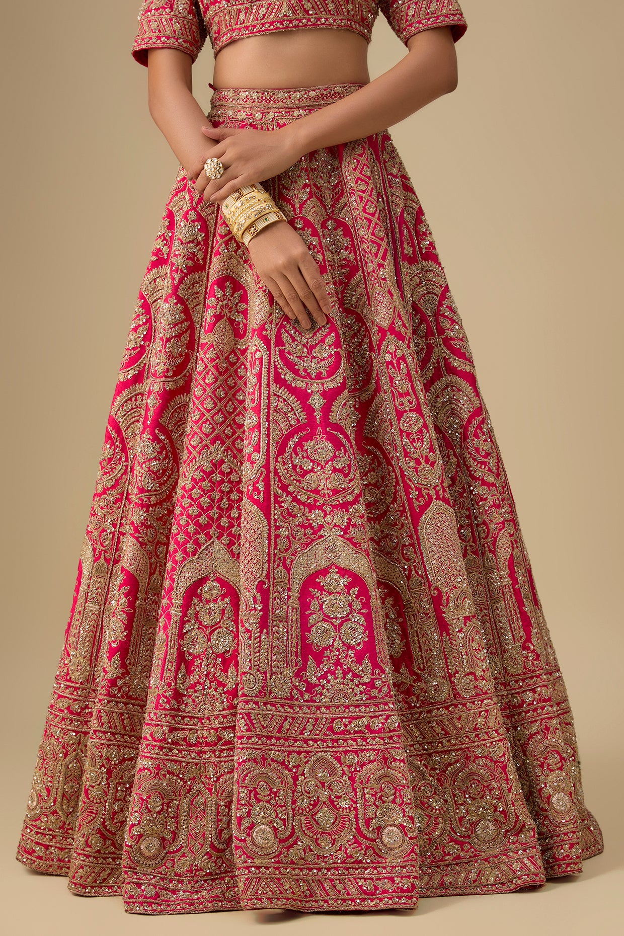 rani pink raw silk hand & machine embroidered lehenga set