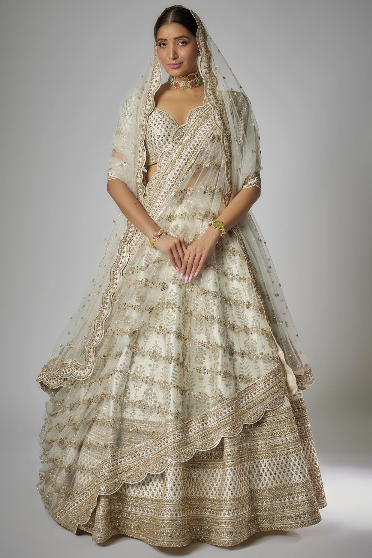 ivory raw silk embroidered lehenga set