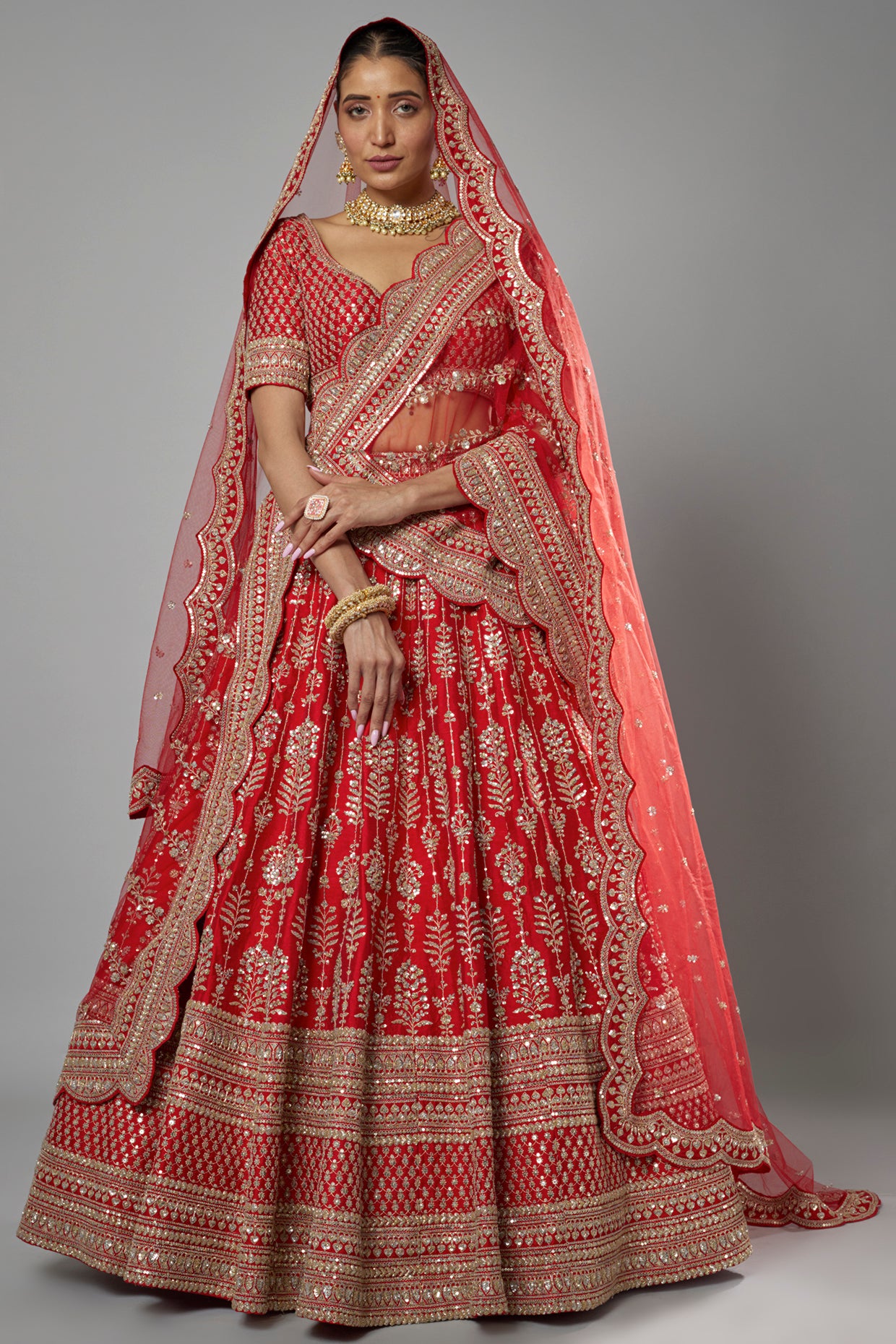 red raw silk embroidered lehenga set