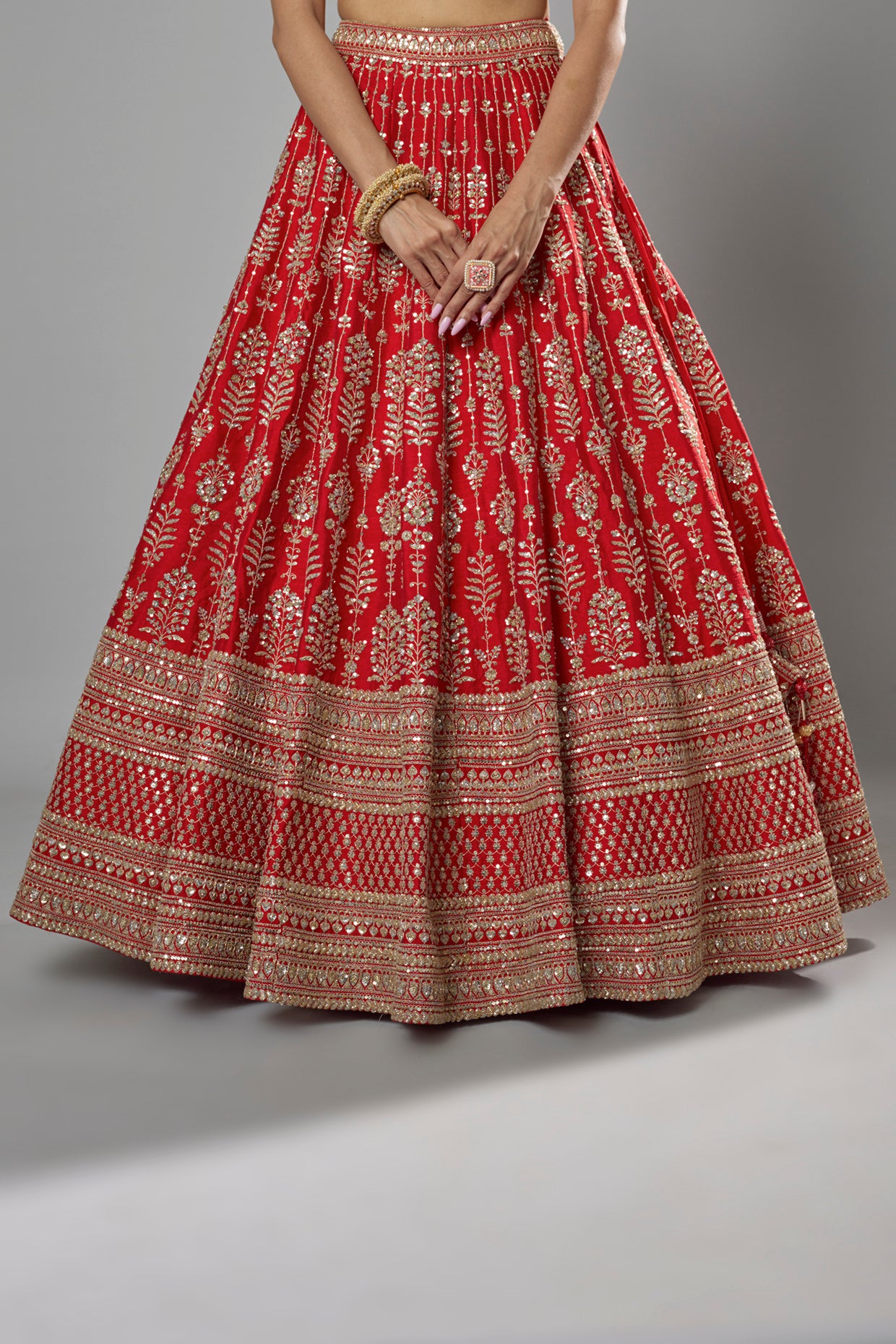 red raw silk embroidered lehenga set