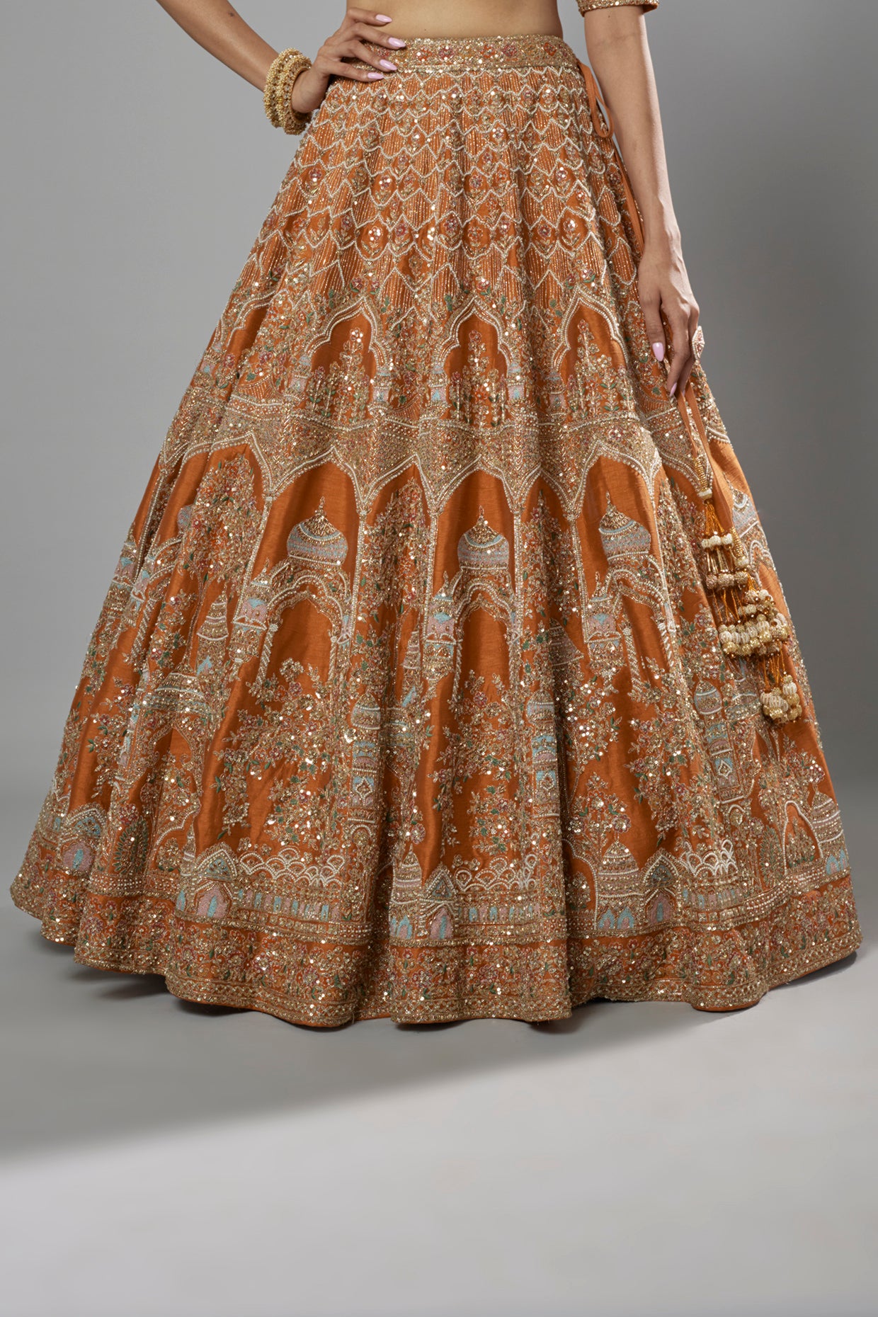 rust raw silk embroidered lehenga set