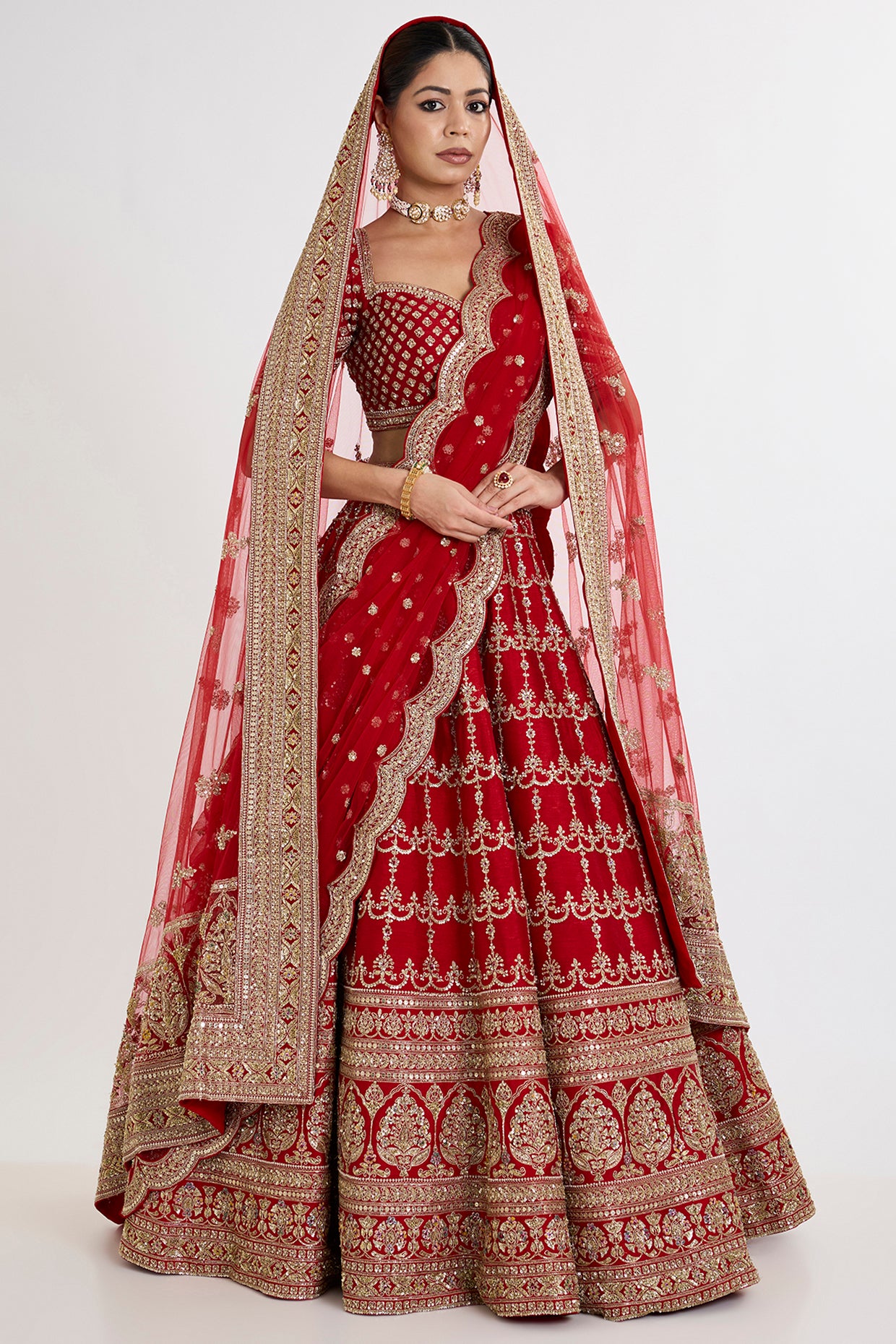 red raw silk zardosi embroidered lehenga set
