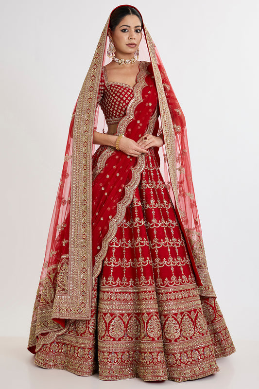 red raw silk zardosi embroidered lehenga set
