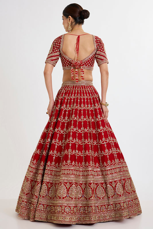 red raw silk zardosi embroidered lehenga set