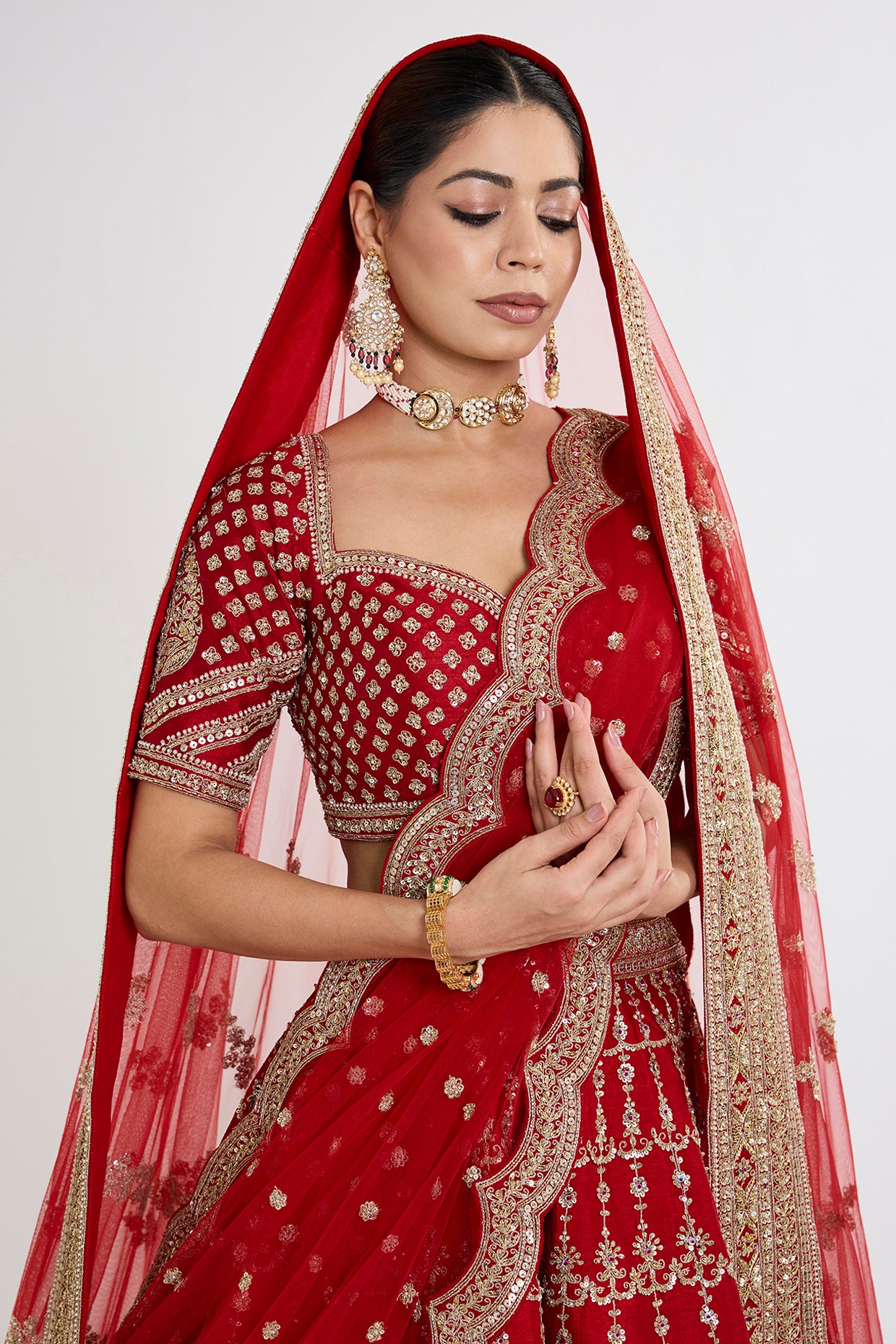 red raw silk zardosi embroidered lehenga set