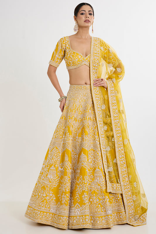 yellow raw silk cutdana embellished lehenga set