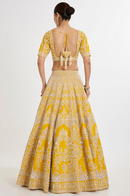 yellow raw silk cutdana embellished lehenga set