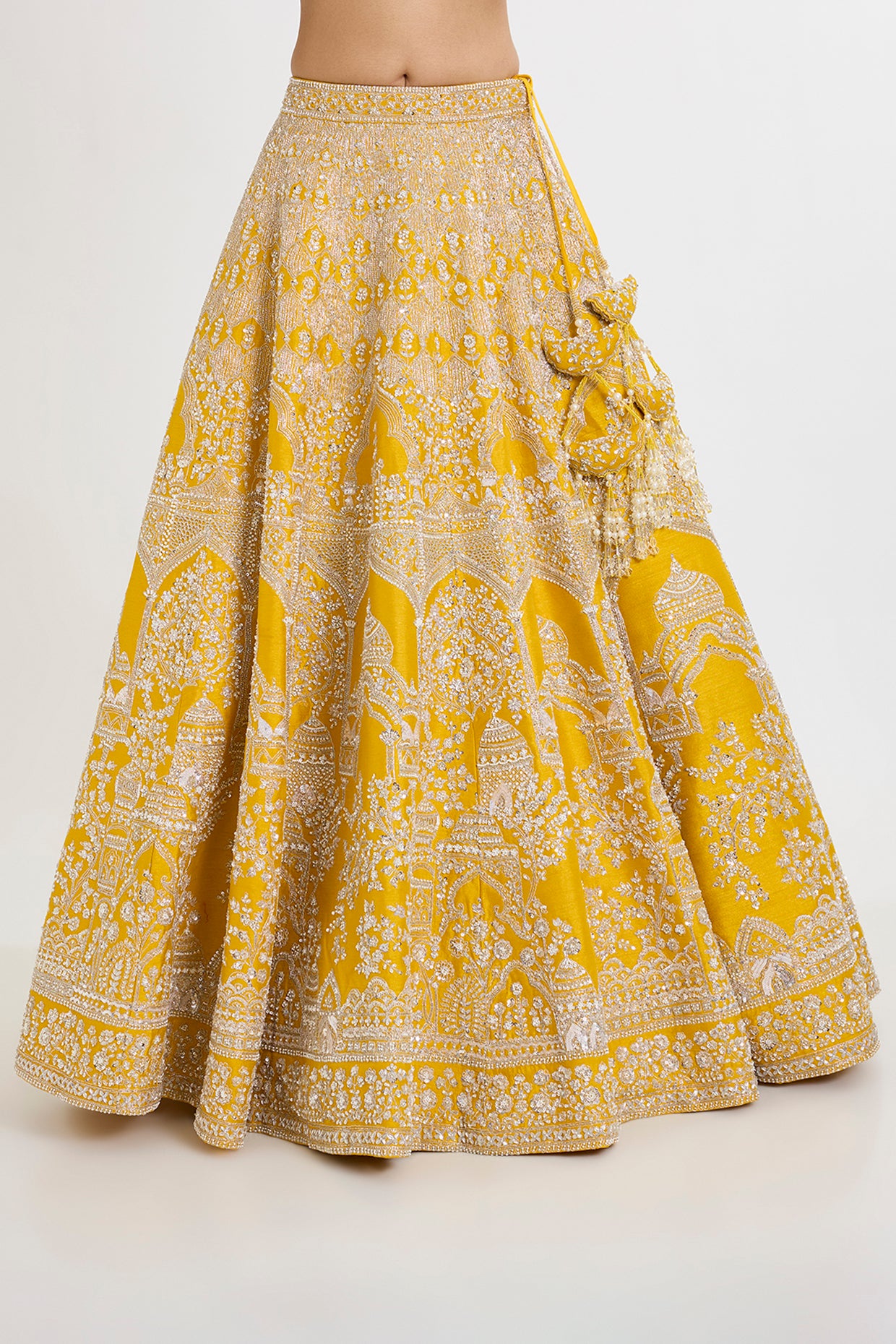 yellow raw silk cutdana embellished lehenga set