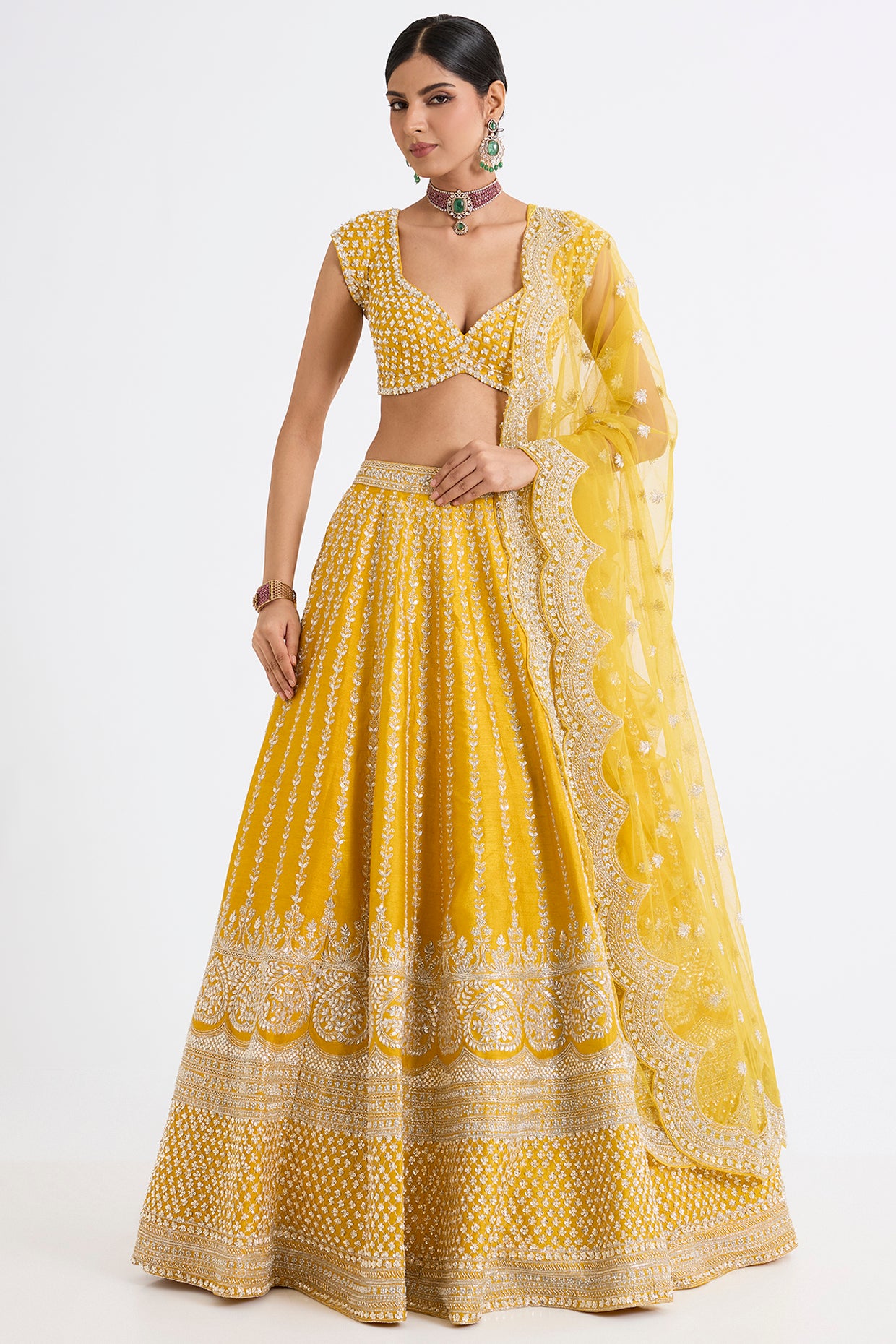 yellow raw silk zari hand & machine embroidered lehenga set