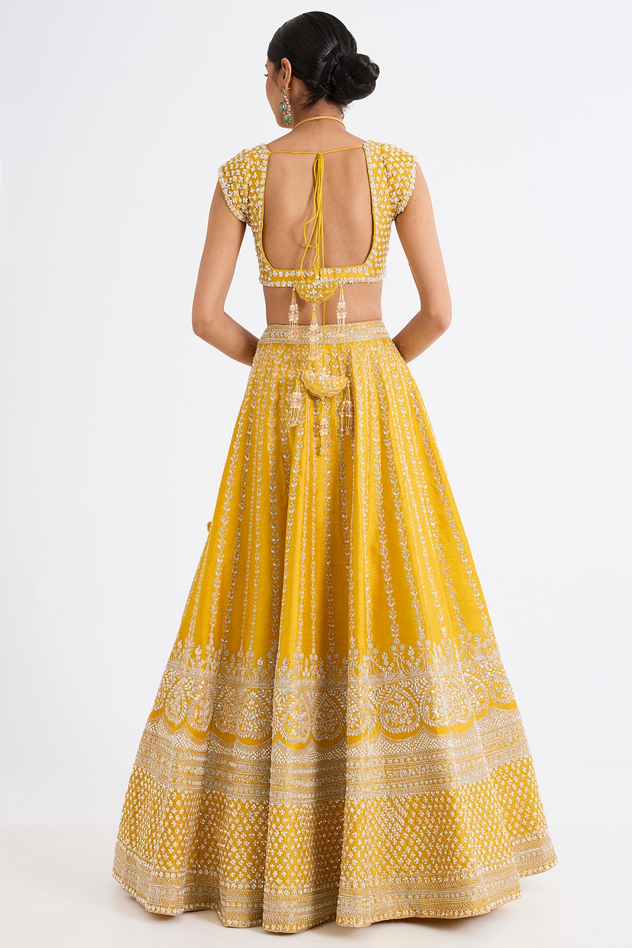 yellow raw silk zari hand & machine embroidered lehenga set