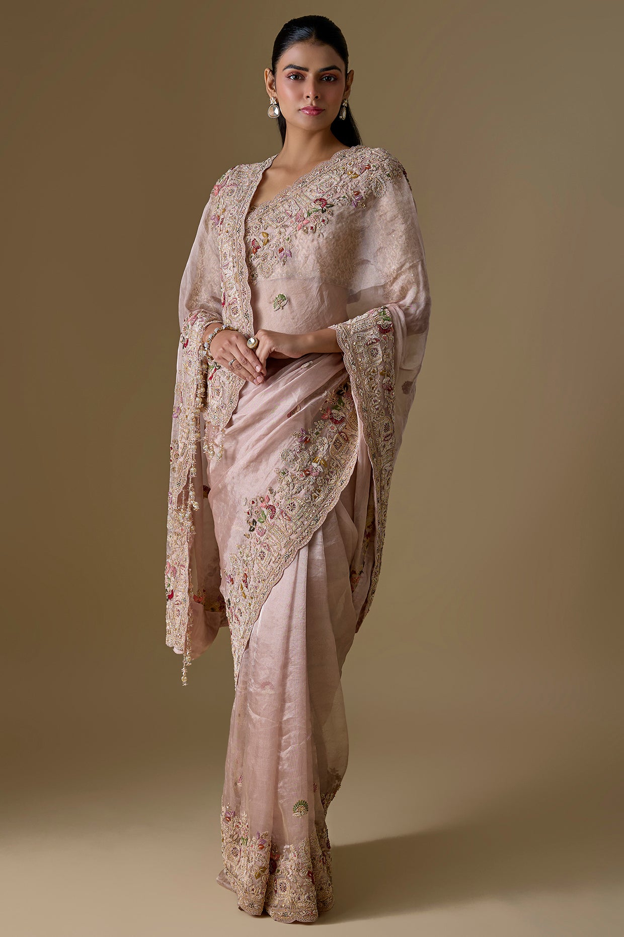 peach tissue hand & machine embroidered saree set