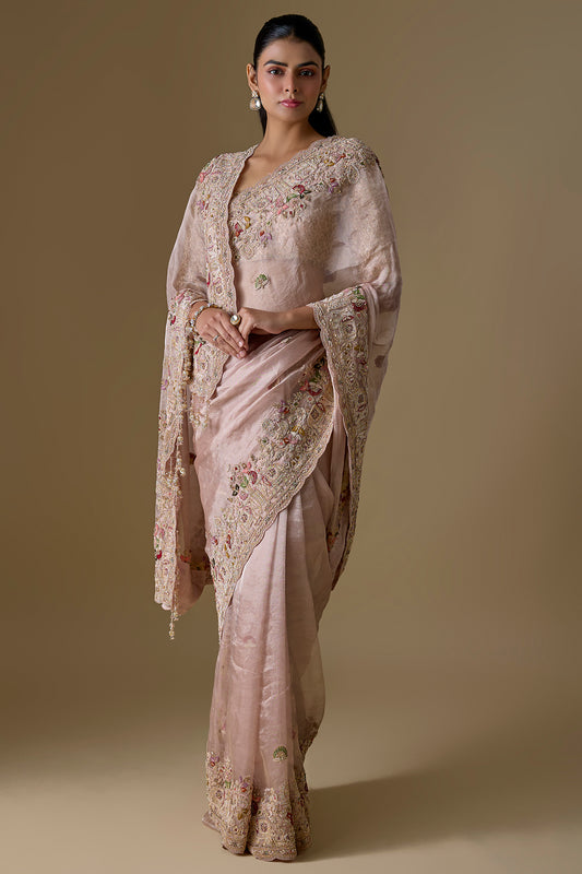 peach tissue hand & machine embroidered saree set