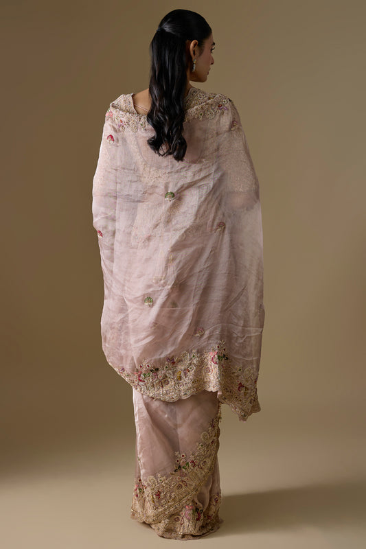 peach tissue hand & machine embroidered saree set