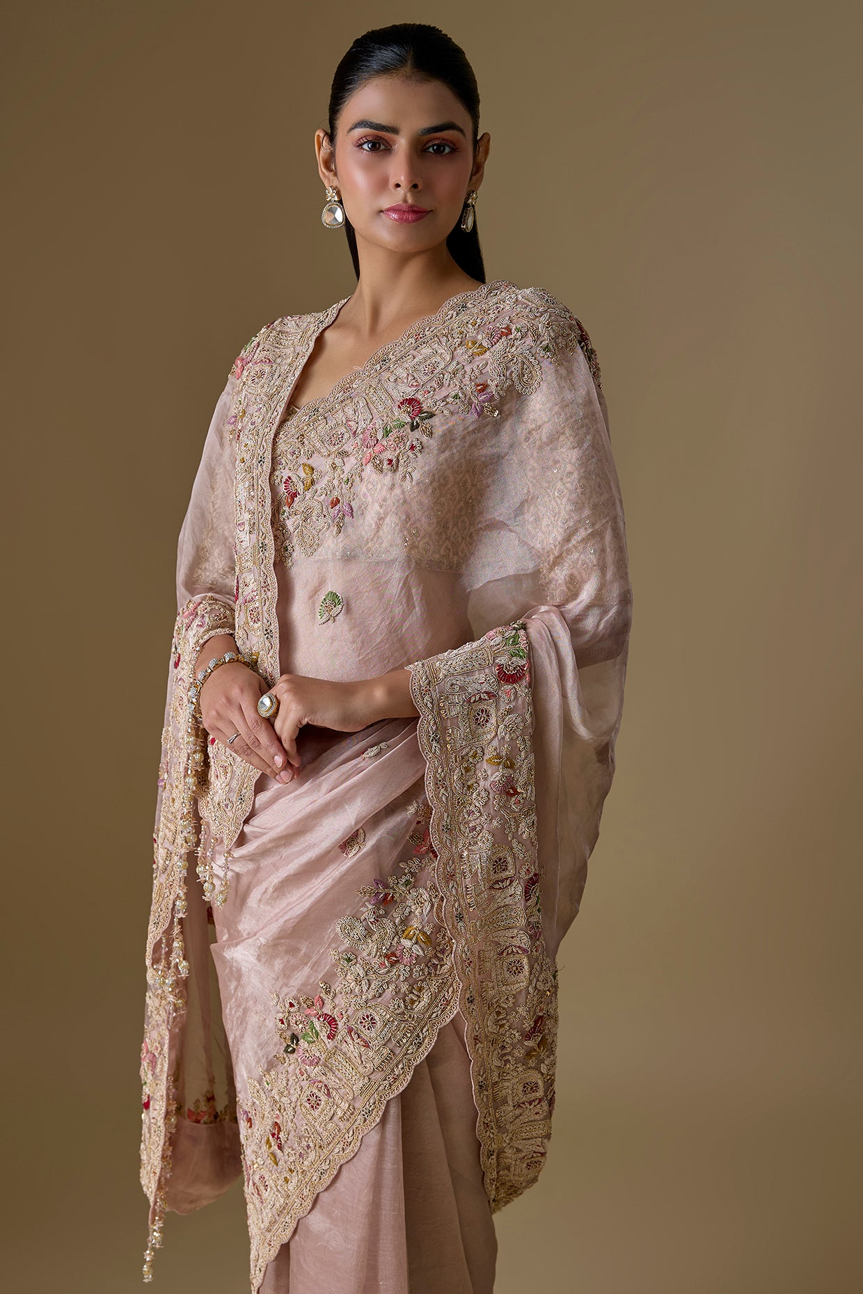 peach tissue hand & machine embroidered saree set