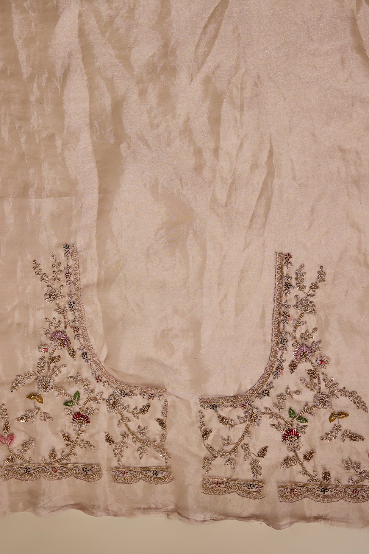 peach tissue hand & machine embroidered saree set