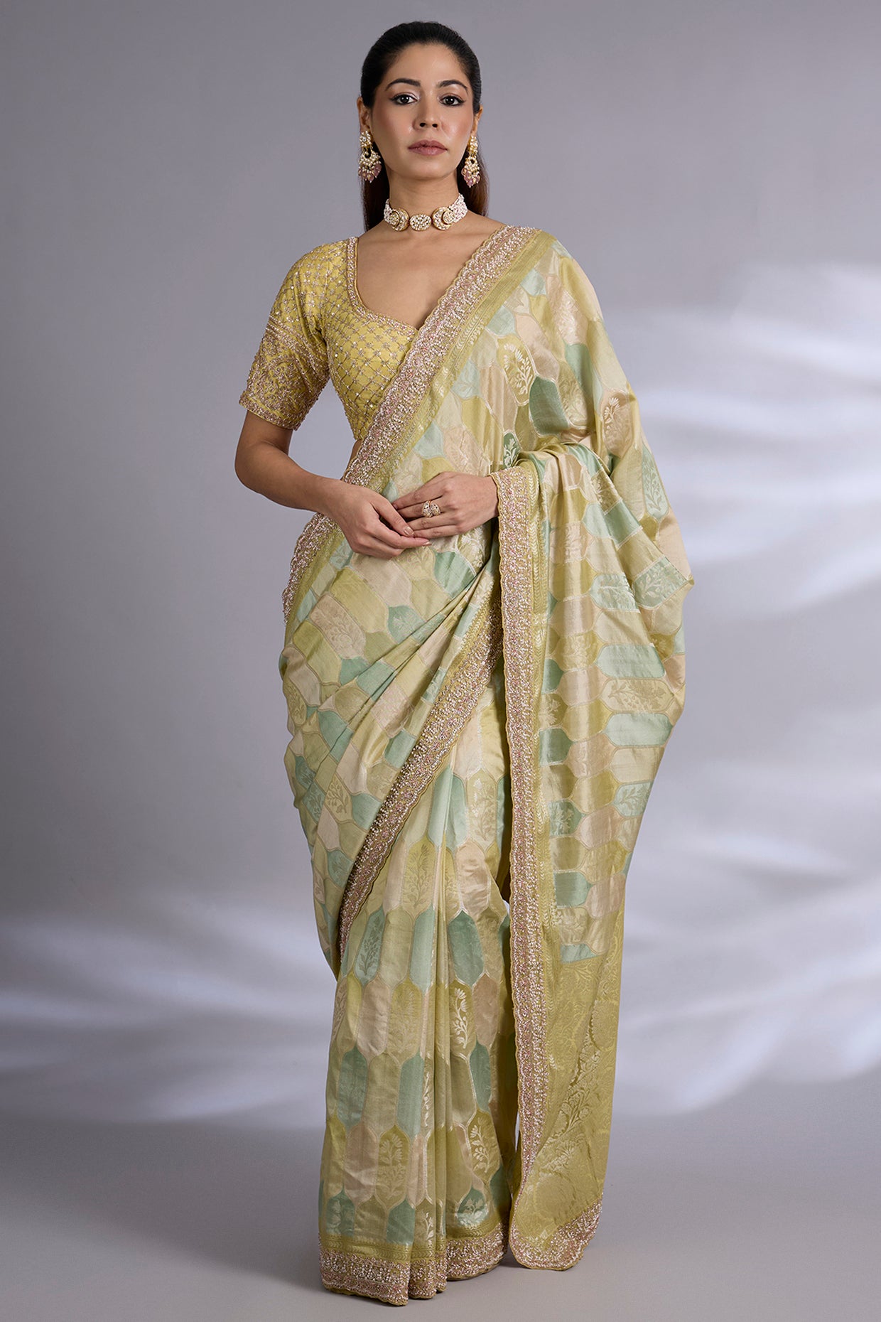 olive banarasi saree set