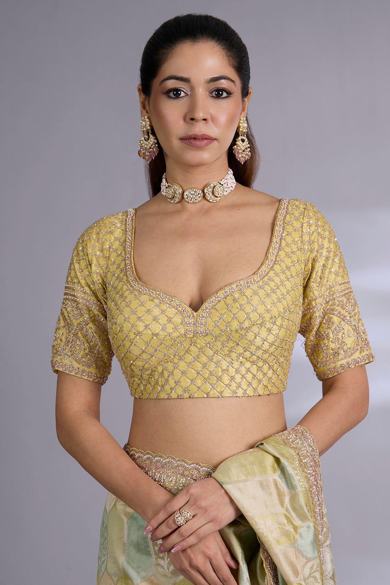 olive banarasi saree set