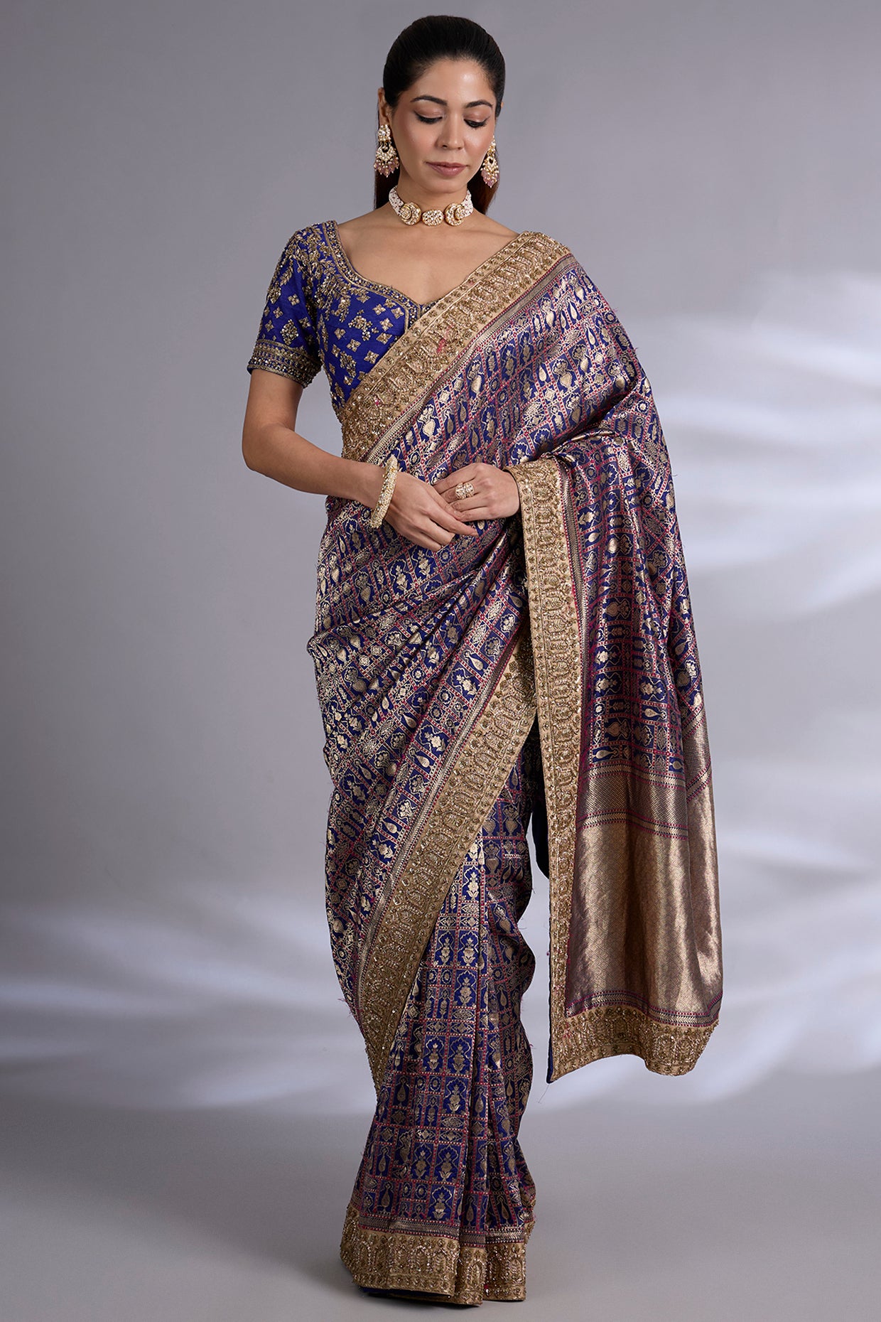 navy banarasi saree set
