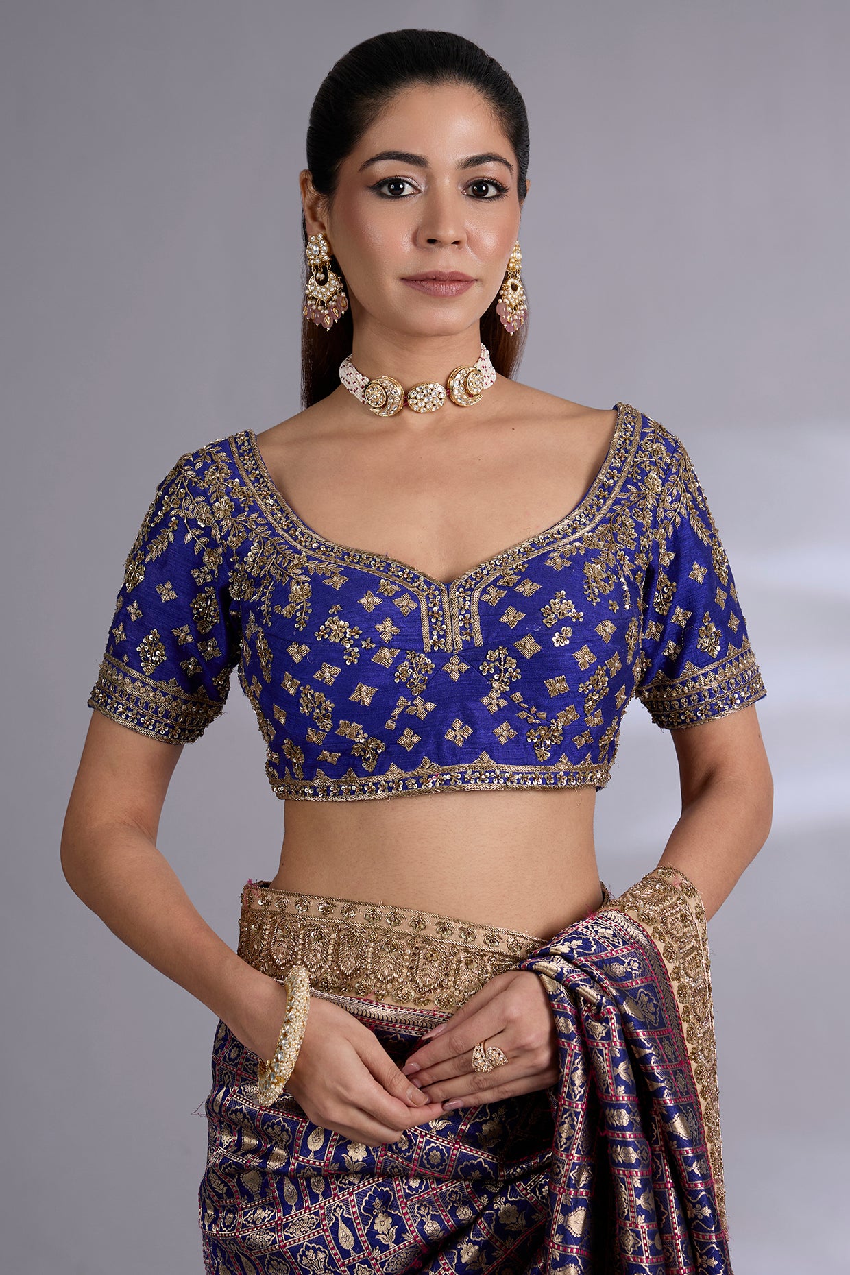 navy banarasi saree set