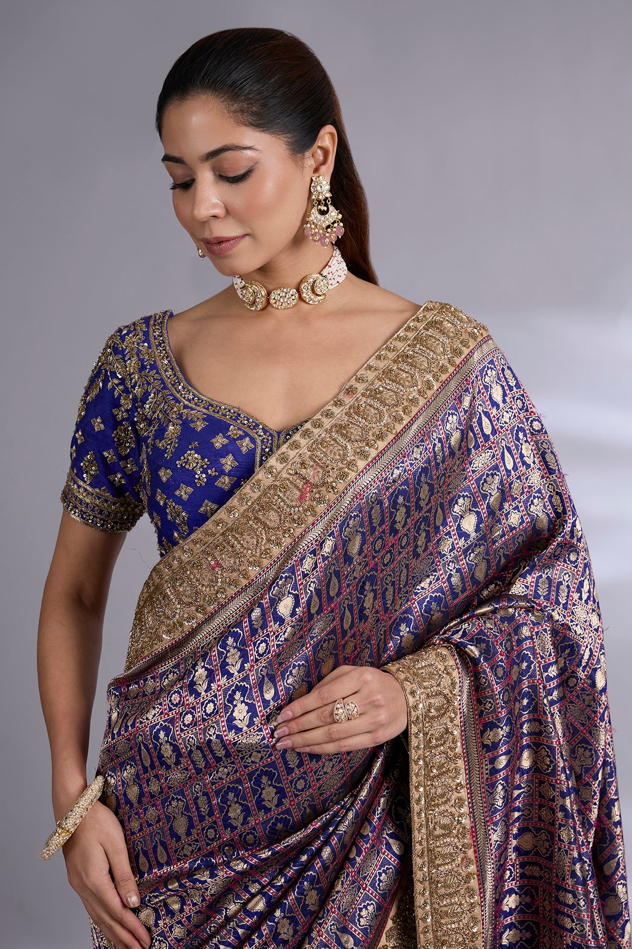 navy banarasi saree set