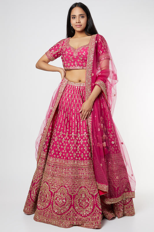 fuchsia hand embroidered lehenga set