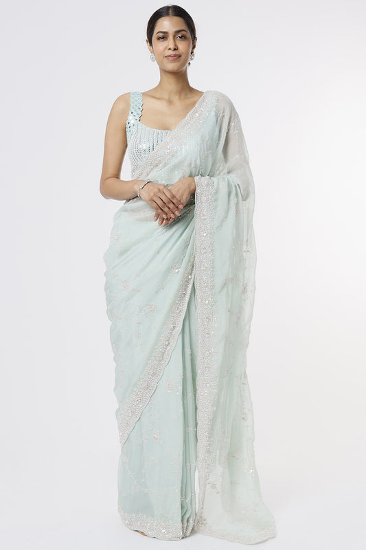 powder blue embroidered saree set