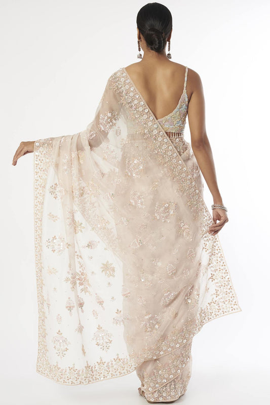 peach hand embellished saree set