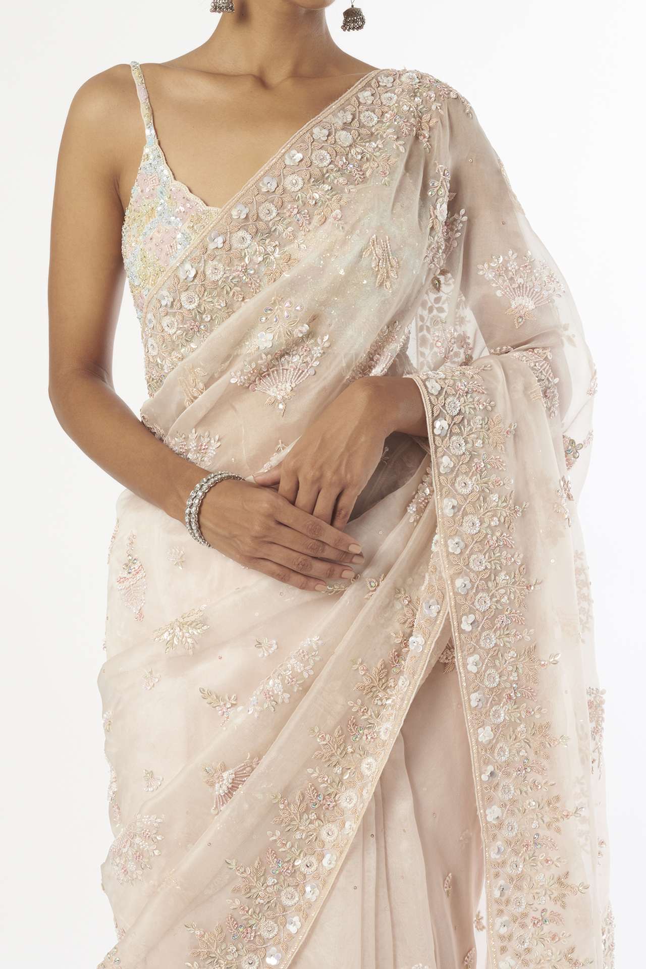 peach hand embellished saree set