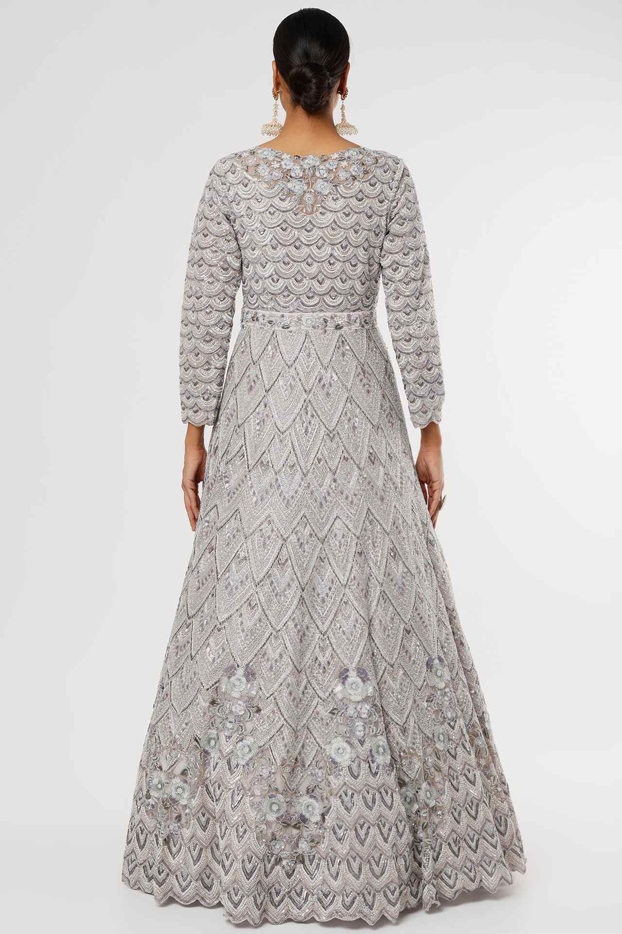 grey net embellished gown