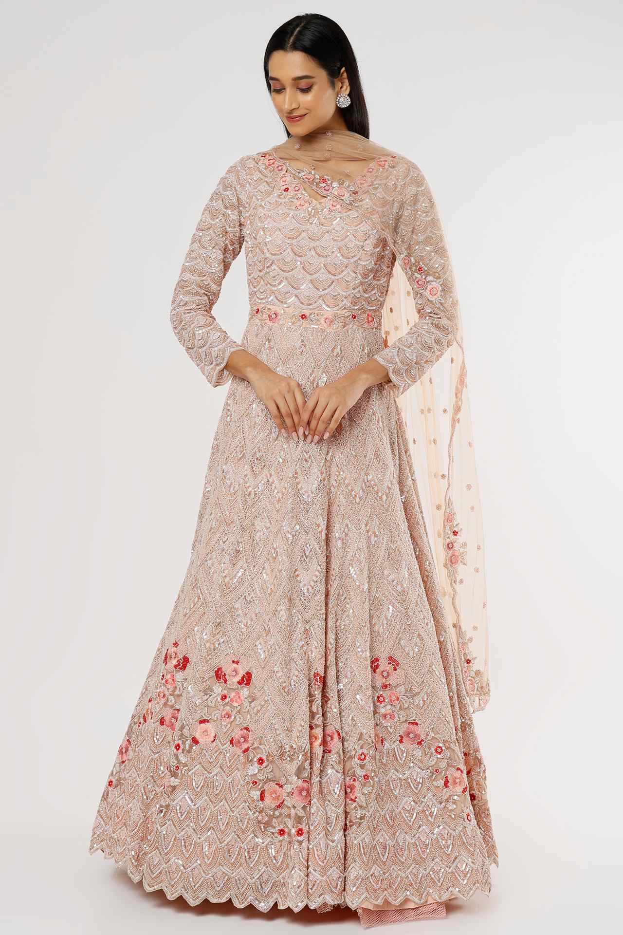 peach & grey net embellished gown