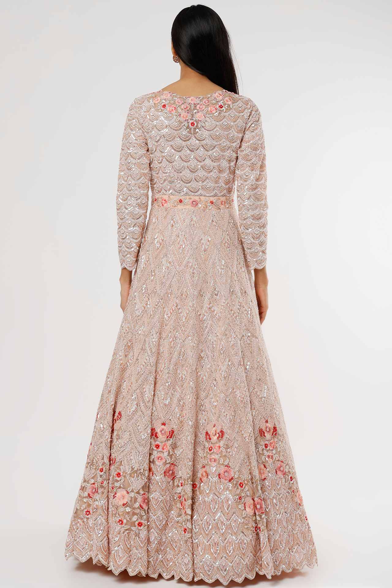 peach & grey net embellished gown