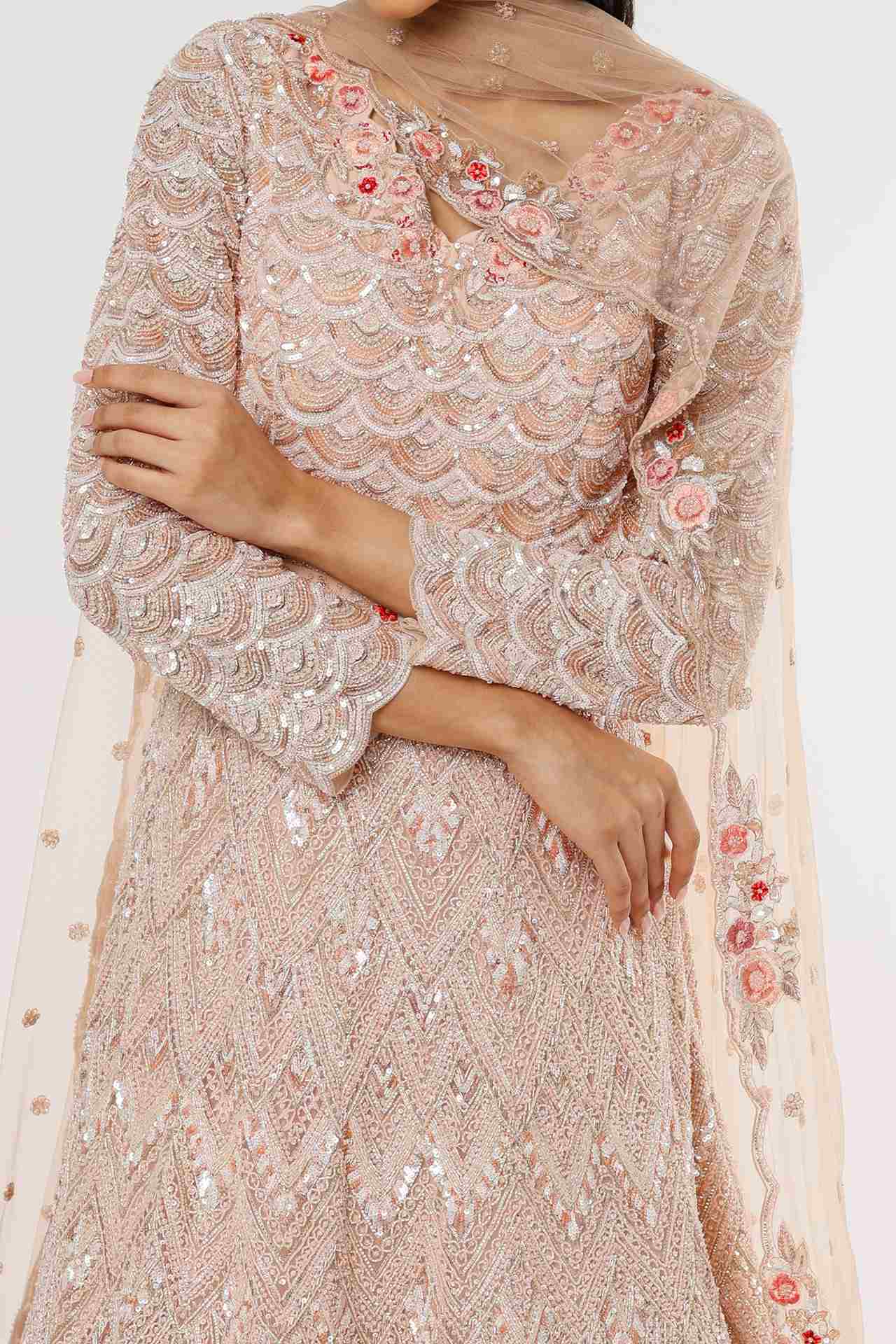 peach & grey net embellished gown
