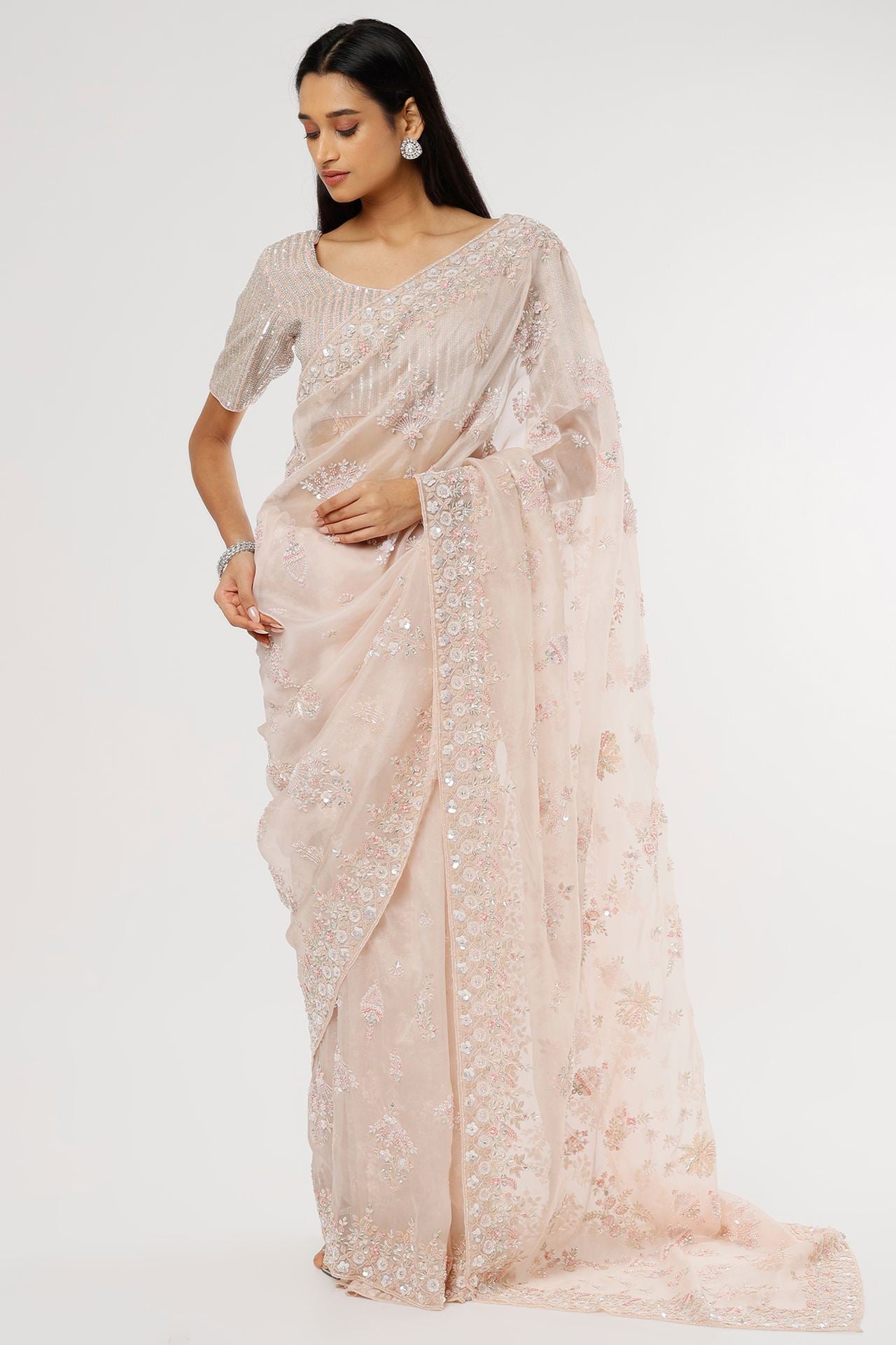 peach organza embellished saree set