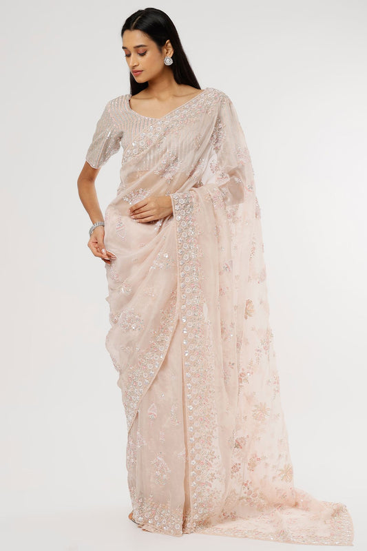 peach organza embellished saree set