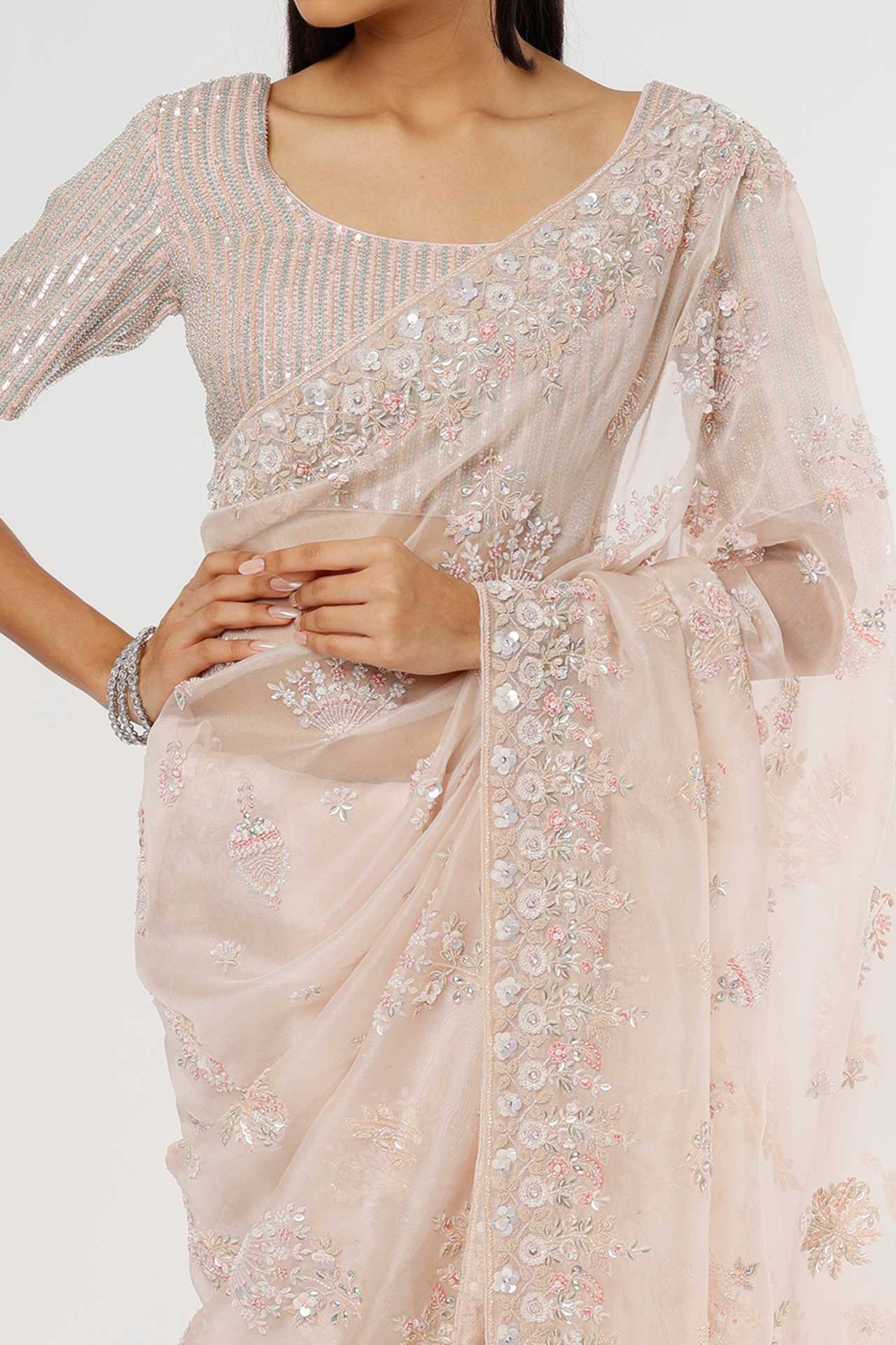 peach organza embellished saree set