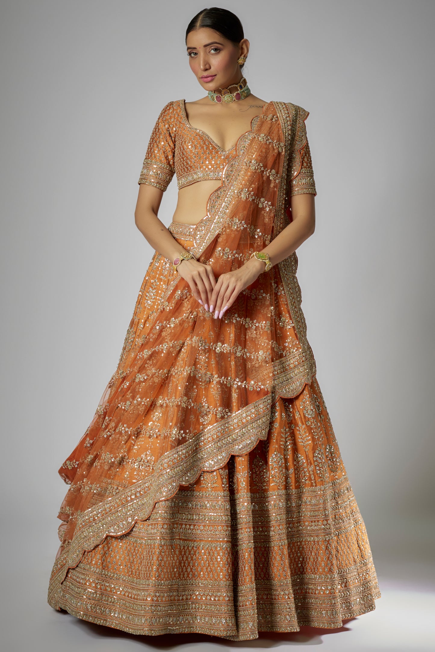 rust raw silk embroidered lehenga set